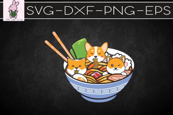 Three Cute Kawaii Dog Eating Ramen